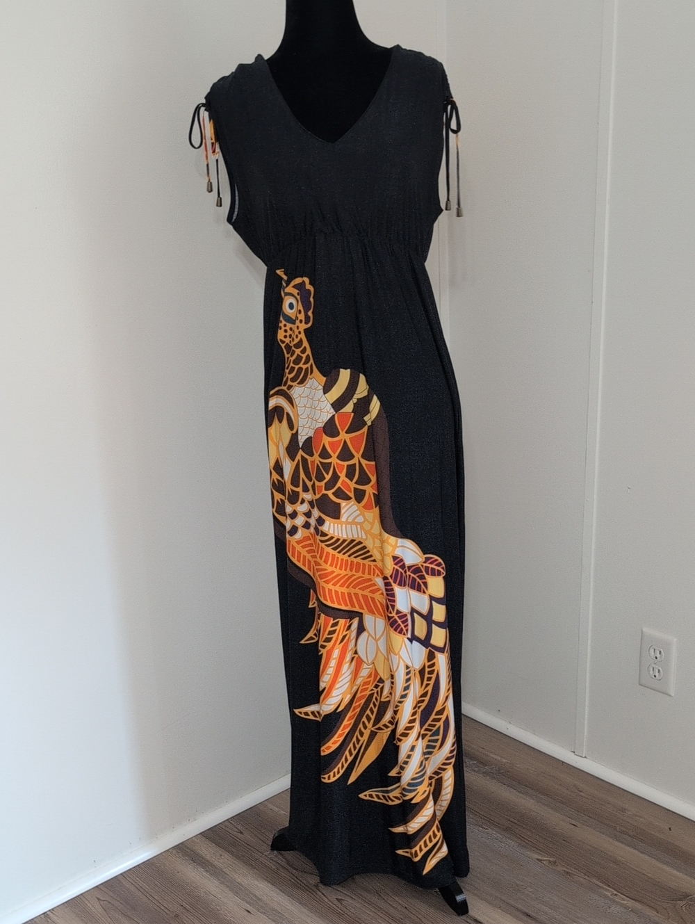 Black Maxi Dress with Orange Bird Feather Print By Nikki Polous Medium